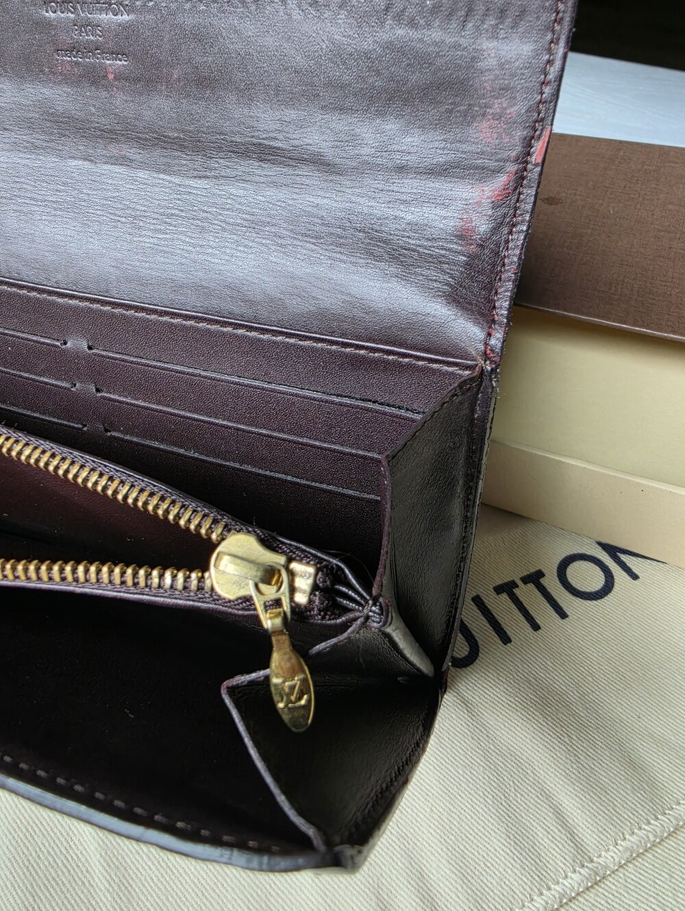 Authentic Louis Vuitton Sarah Patent Monogram Wallet in Deep Burgundy - Picture 11 of 14